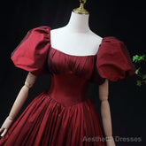 Wine Red Taffeta Short Sleeves Long Prom Dress, Wine Red Evening Dress Formal Dress